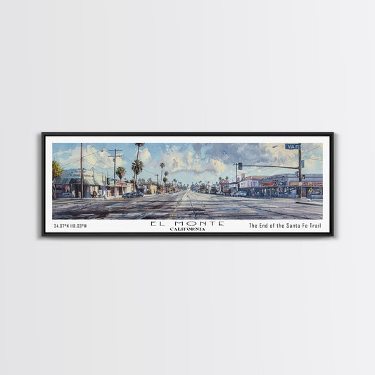 El Monte California Panoramic Watercolor Painting, Scenic Framed Canvas Print, Urban Wall Art for Office, Travel Decor, City Print, Gift Idea