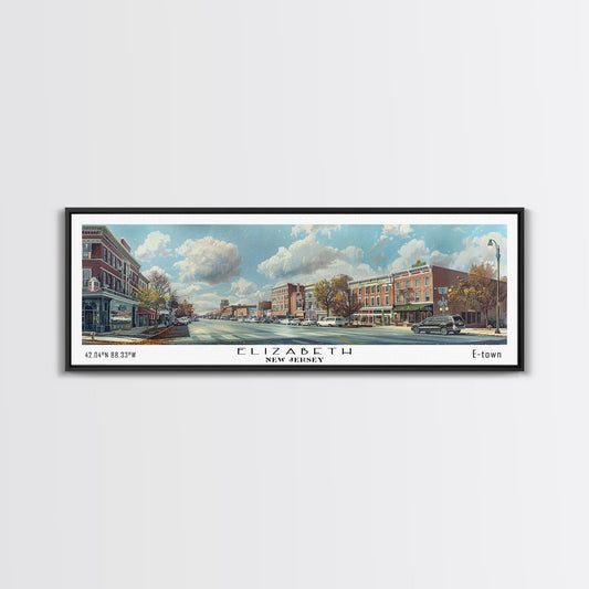 Elizabeth New Jersey Panoramic Watercolor Painting, Scenic Framed Canvas Print, Urban Wall Art for Office, Travel Decor, City Print, Gift Idea