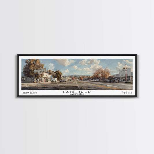 Fairfield California Panoramic Watercolor Painting, Scenic Framed Canvas Print, Urban Wall Art for Living Room, Travel Poster, Home Decor, City Gift Idea