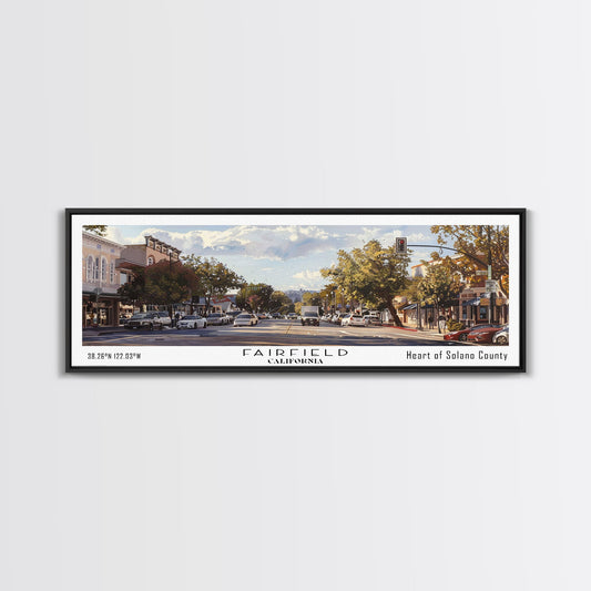 Fairfield California Panoramic Watercolor Painting, Scenic Framed Canvas Print, Urban Wall Art for Living Room, Travel Poster, Home Decor, City Gift Idea