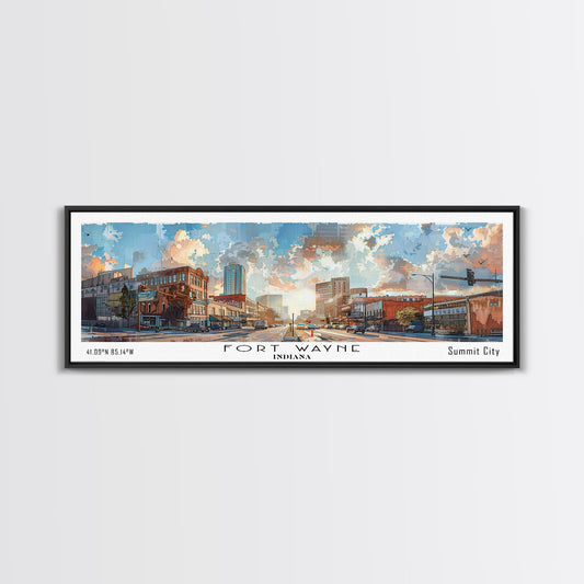 Fort Wayne Indiana Panoramic Watercolor Painting, Urban Framed Canvas Print, Cityscape Wall Art for Living Room, Travel Decor, Home Gift Idea