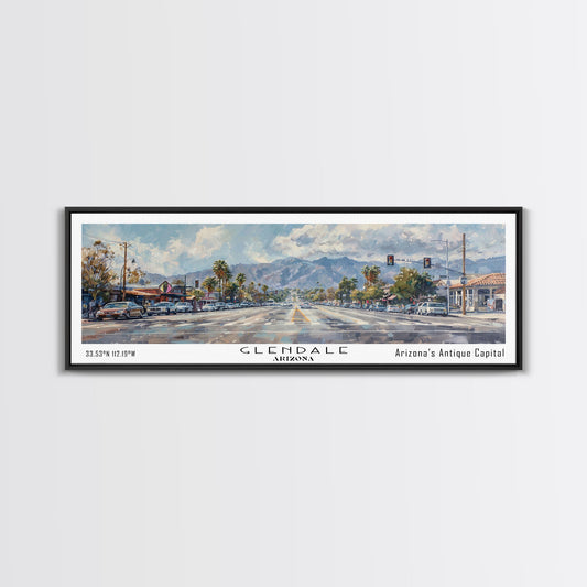 Glendale Arizona Panoramic Watercolor Painting, Urban Framed Canvas Print, Cityscape Wall Art for Office, Travel Decor, Home Gift Idea