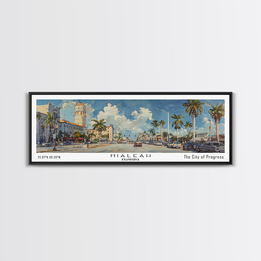 Hialeah Florida Panoramic Watercolor Painting, Urban Framed Canvas Print, Cityscape Wall Art for Office, Travel Decor, Home Gift Idea