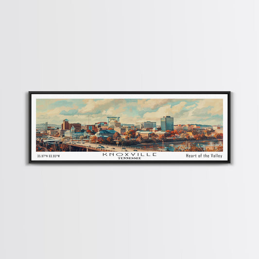 Knoxville Tennessee Panoramic Cityscape Wall Art, Watercolor Framed Canvas Print, Urban Painting for Living Room, Office Decor, Travel Poster