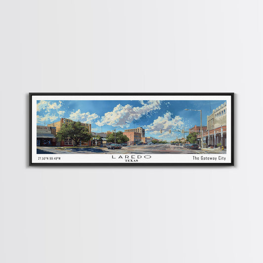 Laredo Texas Panoramic Cityscape Painting, Framed Canvas Print, Urban Decor, Office Wall Art, Watercolor Travel Poster, Home Decoration