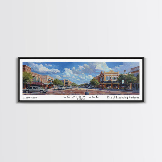Lewisville Texas Panoramic Cityscape Painting, Framed Canvas Print, Urban Decor, Office Wall Art, Watercolor Travel Poster, Home Decoration