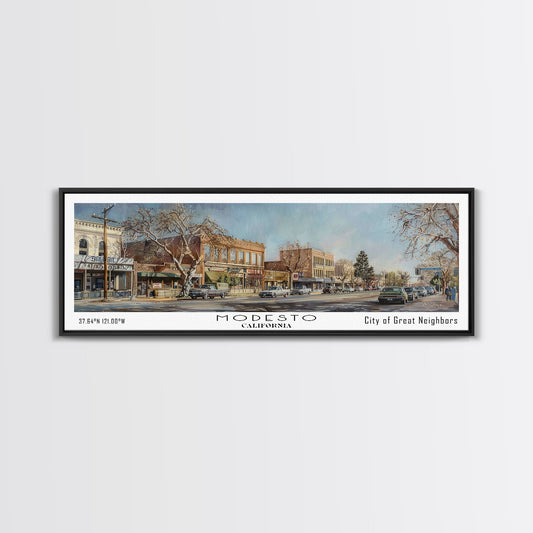 Modesto California Panoramic Framed Canvas Print, Beautiful Watercolor Painting, Office Wall Art, Travel Poster, Living Room Decor, City Art