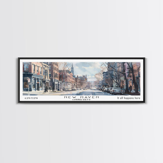 New Haven Connecticut Panoramic Framed Canvas Print, Stunning Watercolor Painting, Office Wall Art, Travel Poster, Home Decor
