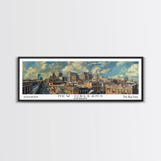 New Orleans Louisiana Panoramic Painting, Framed Canvas Print for Home Decor, Unique Watercolor Art, Travel Poster, Cityscape Gift Idea