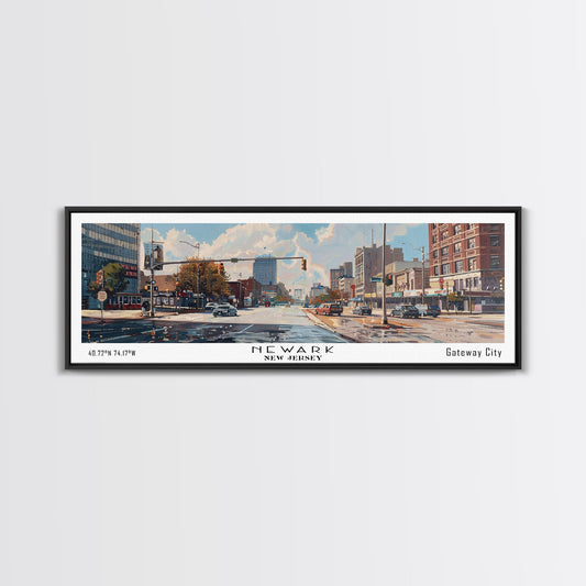 Newark New Jersey Panoramic Framed Canvas Print, Beautiful Watercolor Painting, Office Wall Art, Travel Poster, Home Decor, City Art
