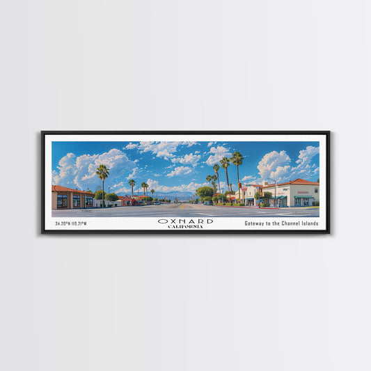 Oxnard California Panoramic Painting, Framed Canvas Print, Stunning Cityscape Watercolor Art, Travel Poster for Home Decor, Unique Gift Idea