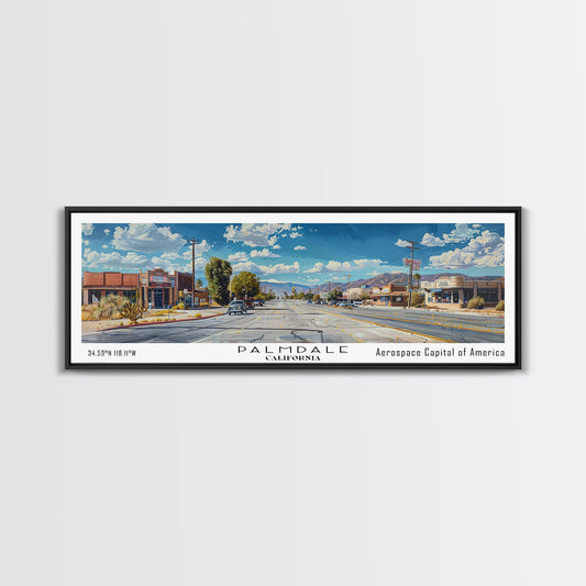Palmdale California Panoramic Framed Canvas Print, Cityscape Watercolor Painting, Travel Poster for Home Decor, Urban Art, Unique Gift Idea