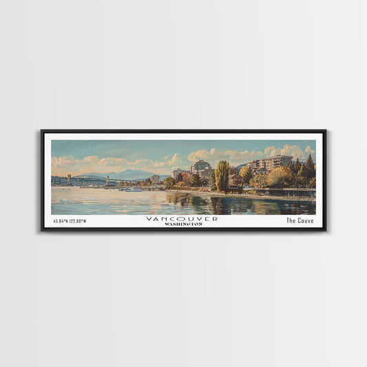 Vancouver Washington Panoramic Framed Canvas Print, Retro Style Wall Art, Unique Travel Poster, Artistic Living Room Decor, Office Gift Idea