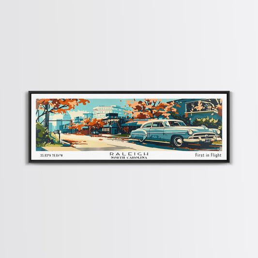 Raleigh North Carolina Panoramic Painting, Mid Century Modern Framed Canvas Print, Retro Pop Art Travel Poster, Living Room and Office Wall Art