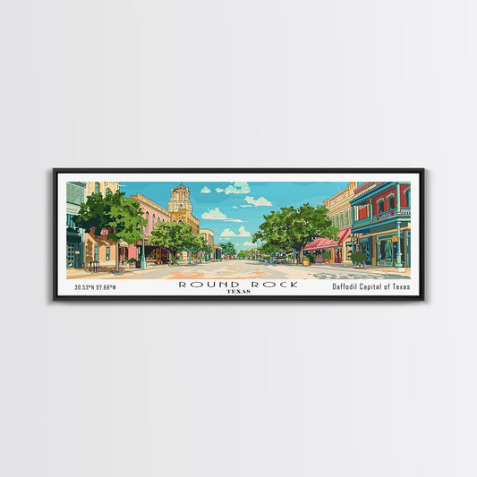 Round Rock Texas Panoramic Painting, Mid Century Modern Framed Canvas Print, Retro Pop Art Travel Poster, City Art, Office Wall Decor, Living Room Art