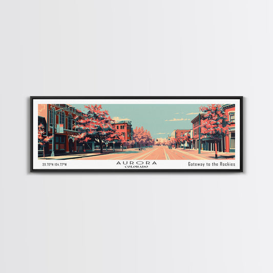 Aurora Colorado Panoramic Painting, Framed Canvas Print, Mid Century Modern Wall Art, Retro Pop Art Travel Poster, Office Decor, City Art
