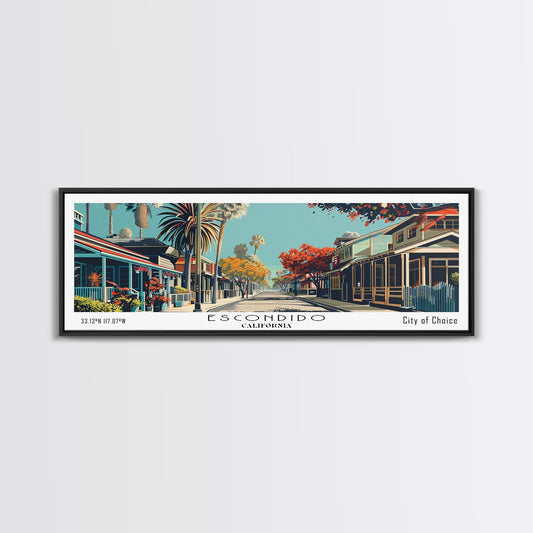 Escondido California Panoramic Painting, Framed Canvas Print, Mid Century Modern Wall Art, Retro Pop Art Travel Poster, Living Room Decor, City Art