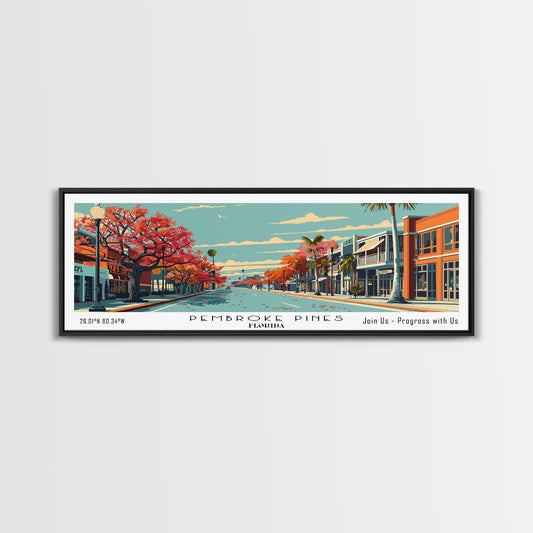 Pembroke Pines Florida Panoramic Wall Art, Mid Century Modern Framed Canvas Print, Retro Pop Art Travel Poster, Office Decor, Living Room Art