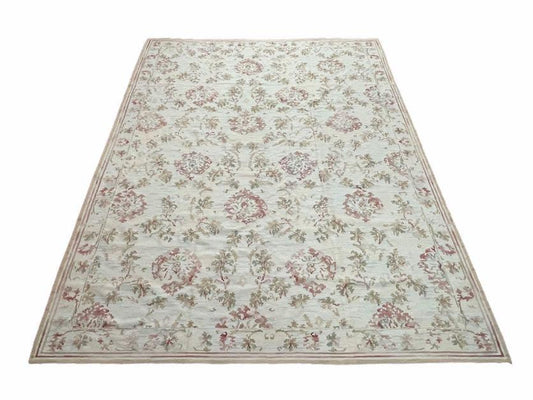 9x12 Flatweave Aubusson Needlepoint Rug, New, Beige, Tan, Green, Handmade, Hand-Knotted Area Rug, French European Carpet, Flowers
