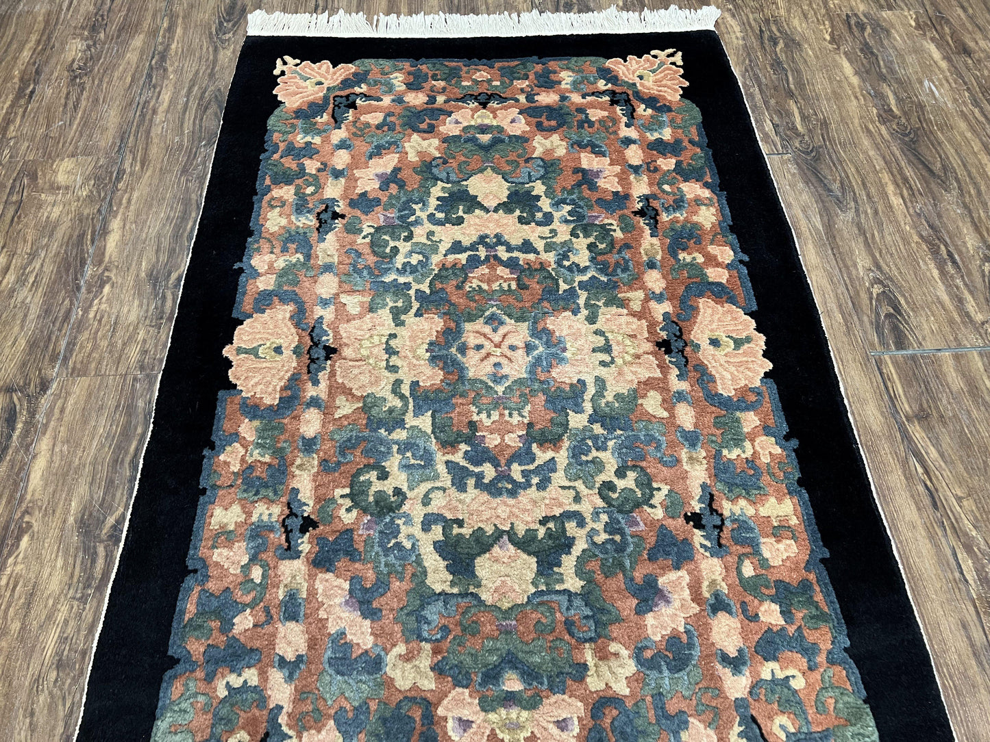 Chinese Art Deco Rug 3x5, Black and Beige Chinese Carpet 3 x 5, Vintage Rug, 1950s Rug, Floral Rug, Handmade Rug, Art Deco Rug, Wool Rug