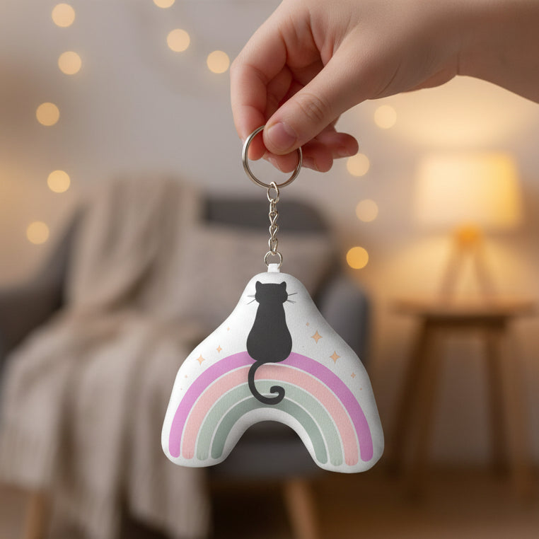 Pastel Rainbow Cat Plush Keychain — Small, Soft, Slightly Magical