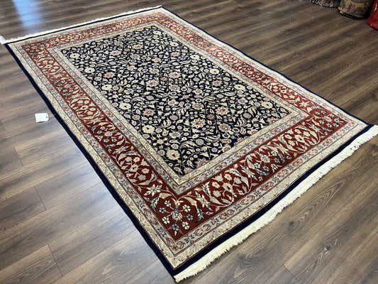 Indo Sarouk Rug 6x9, Vintage Indian Persian Rug, Wool Oriental Carpet, Navy Blue Red Allover Floral Rug, Traditional Very Fine Rug, Area Rug
