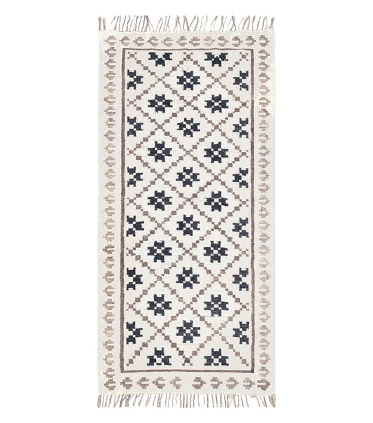 Semi Antique South American Blanket 4x8, Wool Hand-Woven Flatweave Kilim Rug, Handmade Antique Vintage Runner, Ivory & Blue, Diamond Panel