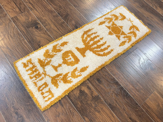 Unique Judaica Wall Hanging Rug 1.5 x 4, Shalom Menorah Jewish Star Kiddush Cup Chai Wall Hanging, Vintage, Wool, Ivory and Orange