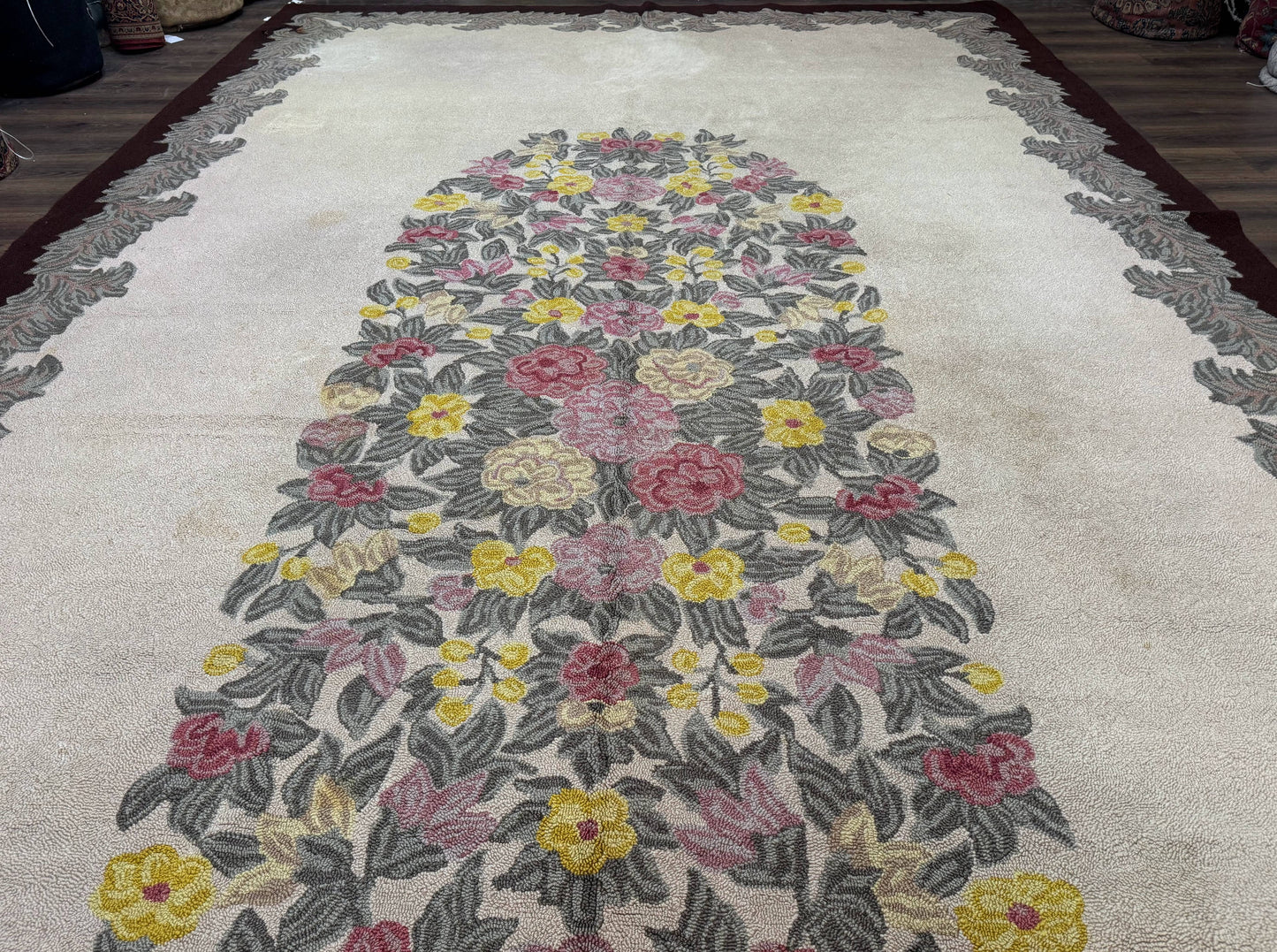 Palace Size American Hooked Rug 11x20 Aubusson Style Ivory