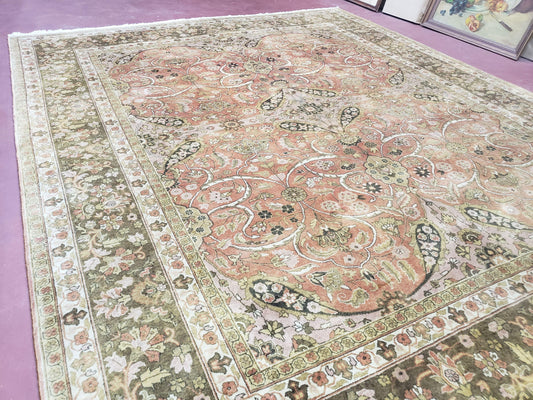 Indo Persian Rug 8x10, Vintage Indian Rug 8 x 10, Fine Hand-Knotted Wool Rug, Rose Clay Red Beige Brown Handmade Area Rug, Floral Medallion