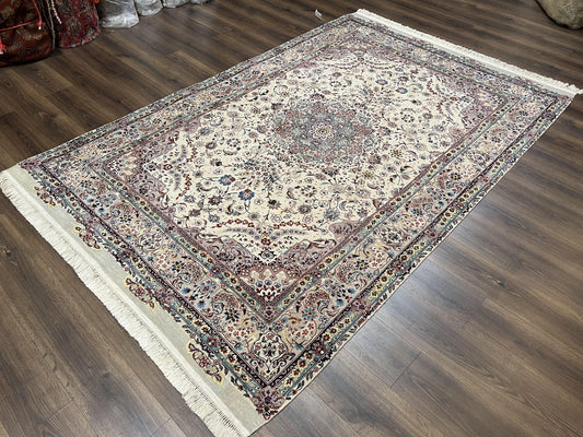 Beautiful Pak Persian Rug 6x9, Floral Medallion, Wool and Silk, Highly Detailed Elegant Carpet, Vintage Oriental Rug 6 x 9, Cream and Gray