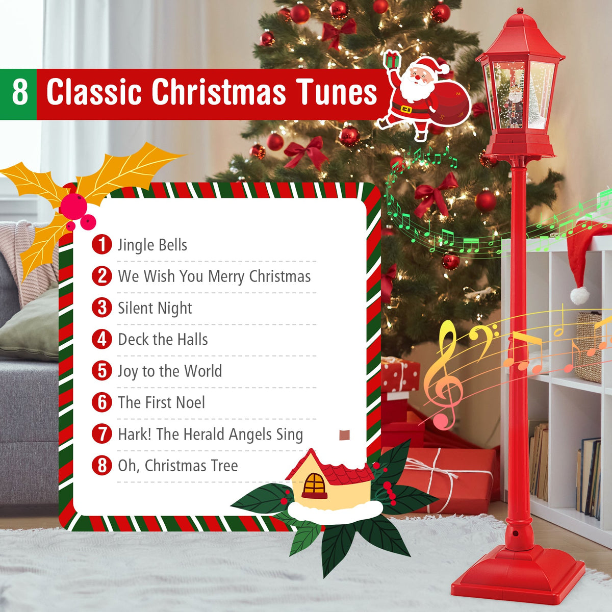 5.3 Feet Musical Christmas Street Lamp with 60 Warm White LED Lights-Red