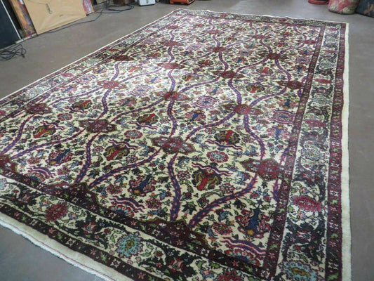 Antique Persian Tabriz Rug 8x12, Cream & Multicolor Room Sized Authentic Oriental Carpet, Wool Handmade Hand-Knotted Vintage Floral Rug 8 x 12 ft