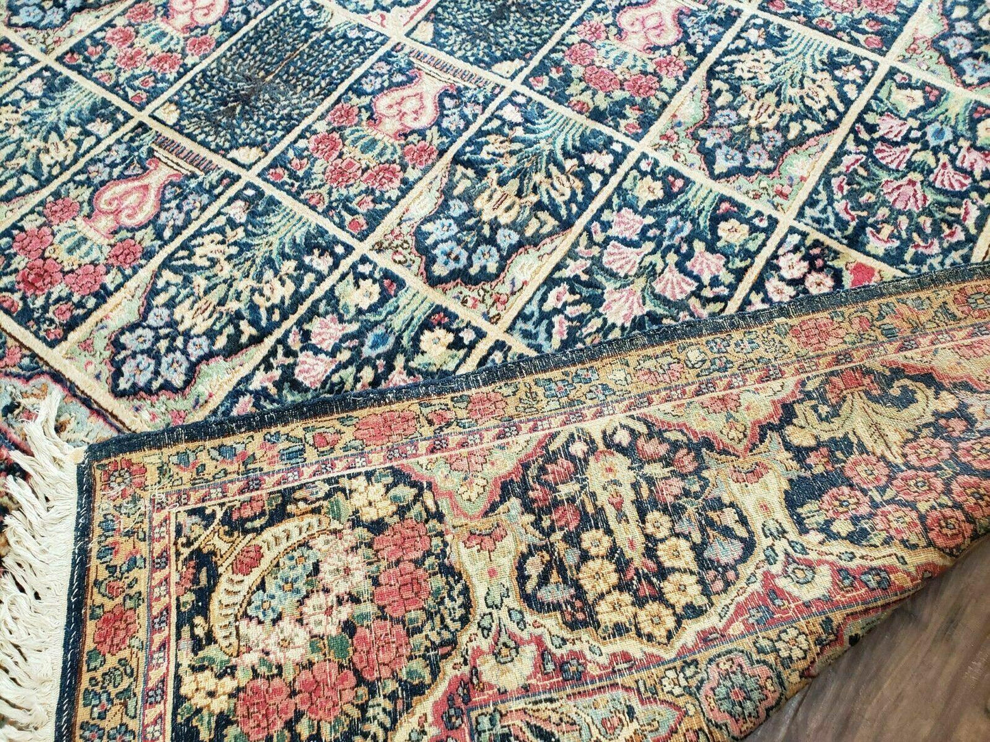 Persian Rug 10x15, Authentic Oriental Carpet 10 x 15, Wool Area Rug Panel Design Hand-Knotted Vintage Kirman Yazd Rug, Dark Blue and Beige, Floral