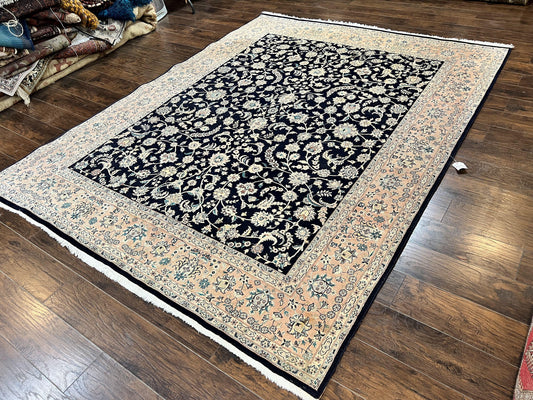 Pak Persian Rug 8x11, Fine Floral Allover Oriental Carpet 8 x 11 ft, Dark Blue and Pink, Room Sized Wool Vintage Rug, Hand Knotted Rug