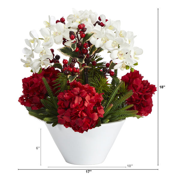 18" Phalaenopsis Orchid, Hydrangea, Cactus / Holly Berry Artificial Arrangement