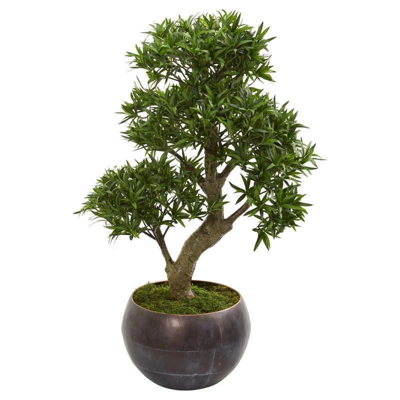 37" Podocarpus Artificial Bonsai Tree in Metal Bowl