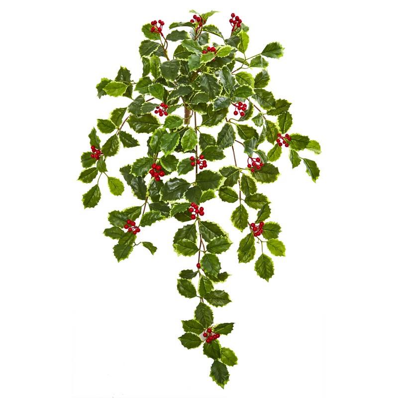 27" Variegated Holly Leaf w/Berries Hanging Bush Artificial Plant (Set of 3)