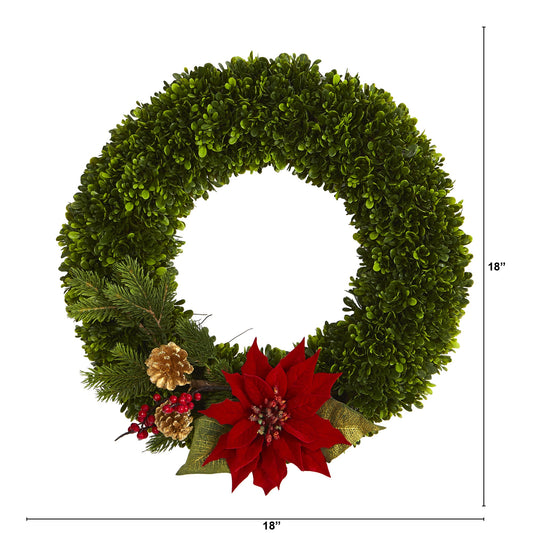 18" Tea Leaf, Poinsettia and Pine Artificial Wreath