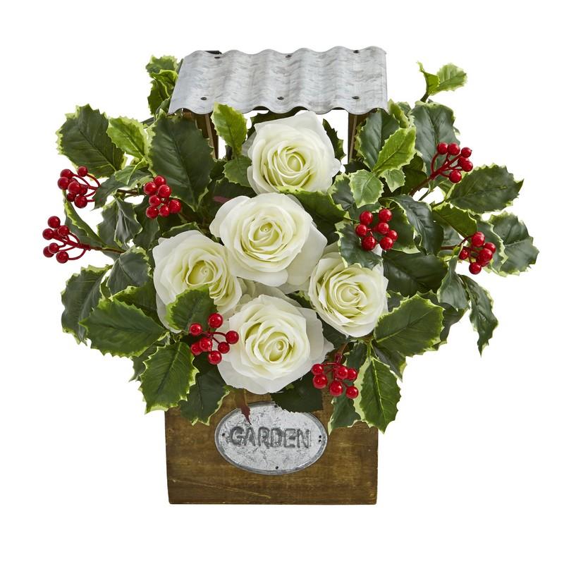 14" Rose and Variegated Holly Leaf Artificial Arrangement in Tin Roof Planter