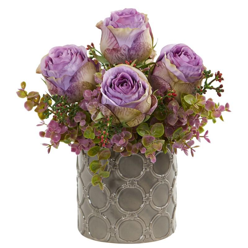 11" Roses and Eucalyptus Artificial Arrangement in Designer Vase