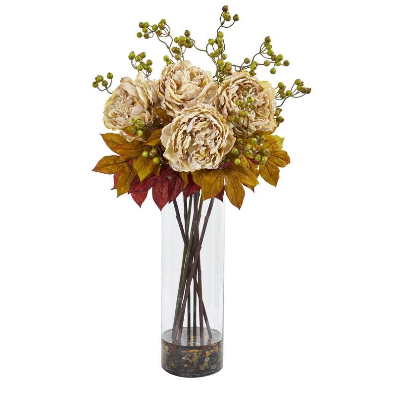 36" Peony and Berries Artificial Arrangement in Large Cylinder Vase