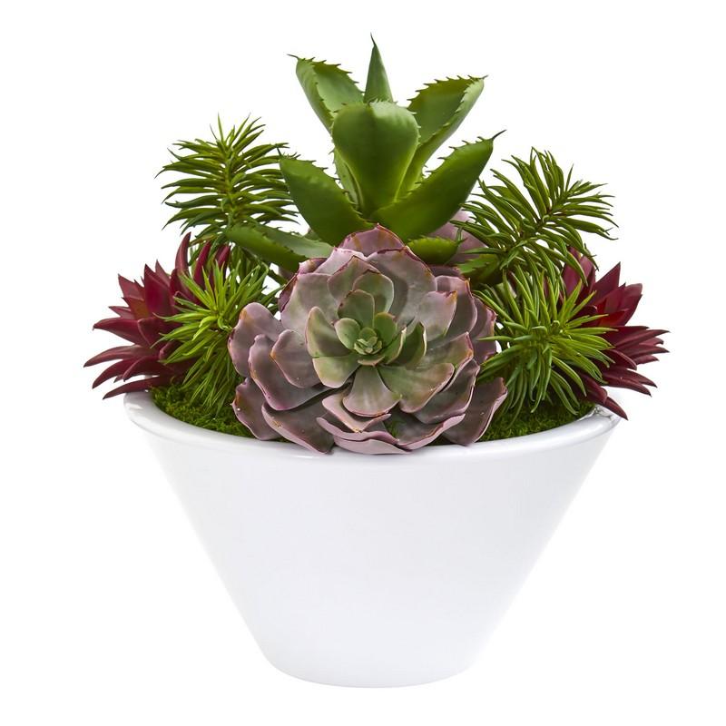 16" Succulent Garden Artificial Plant in White Bowl Vase