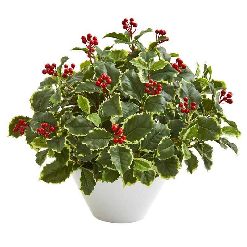 22" Variegated Holly Leaf Artificial Plant in White Vase (Real Touch)