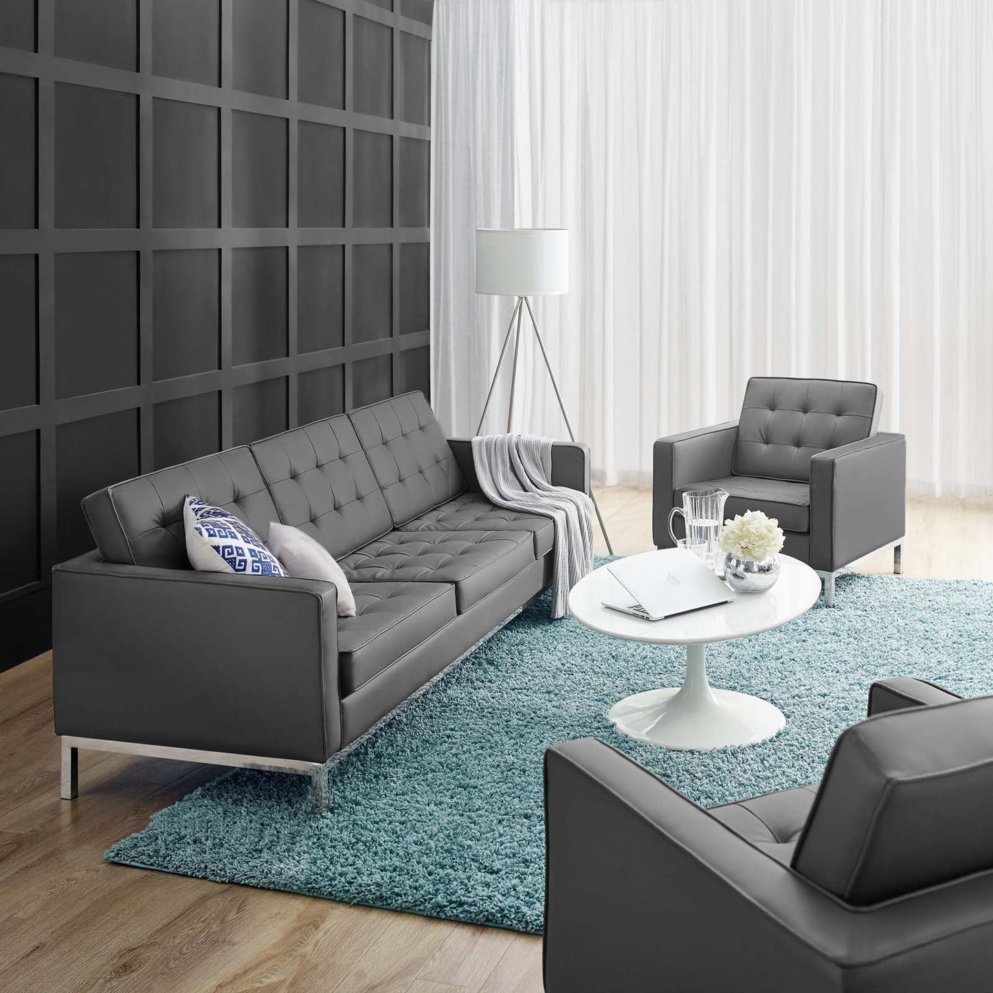 Loft Tufted Upholstered Faux Leather Sofa and Armchair Set by Modway