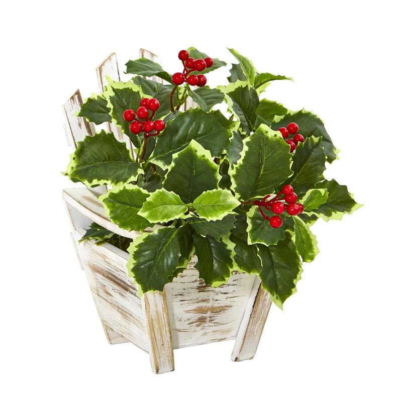 11" Variegated Holly Leaf Artificial Plant in Chair Planter (Real Touch)