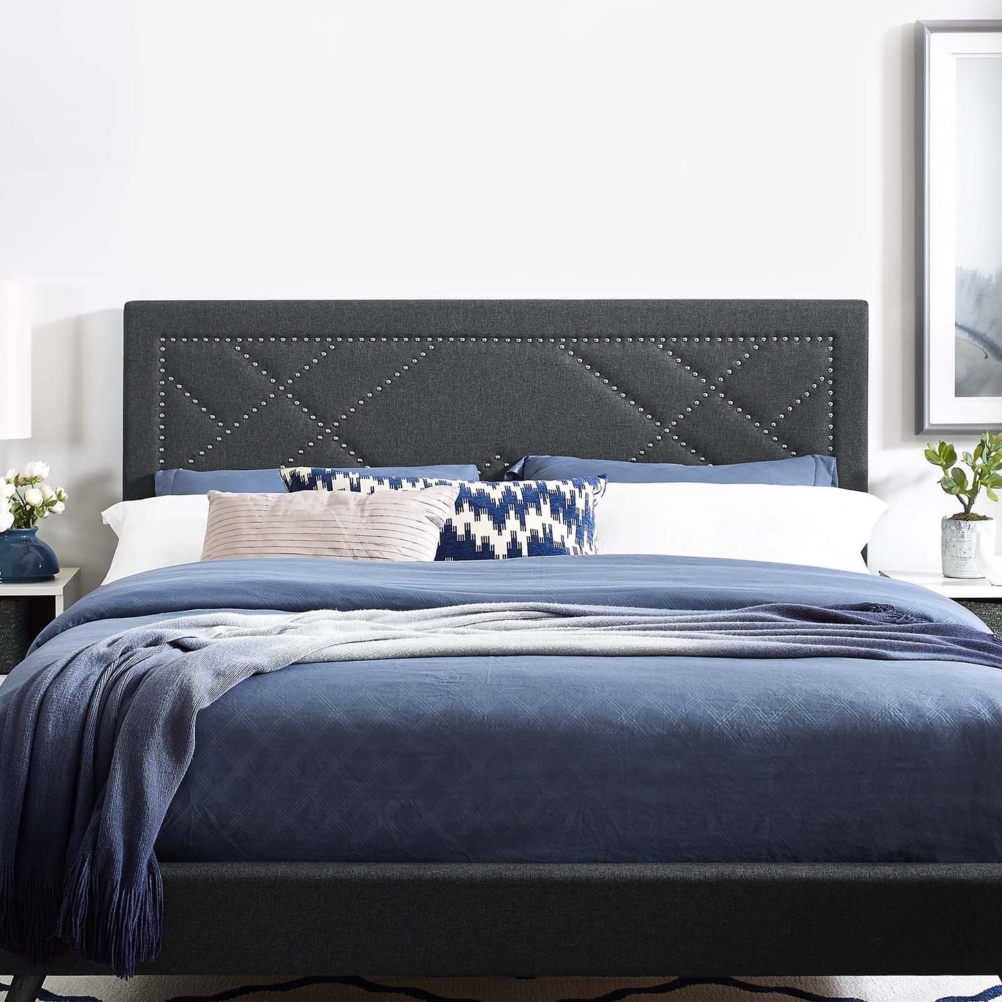 Reese Nailhead Upholstered Linen Fabric Full / Queen Headboard by Modway