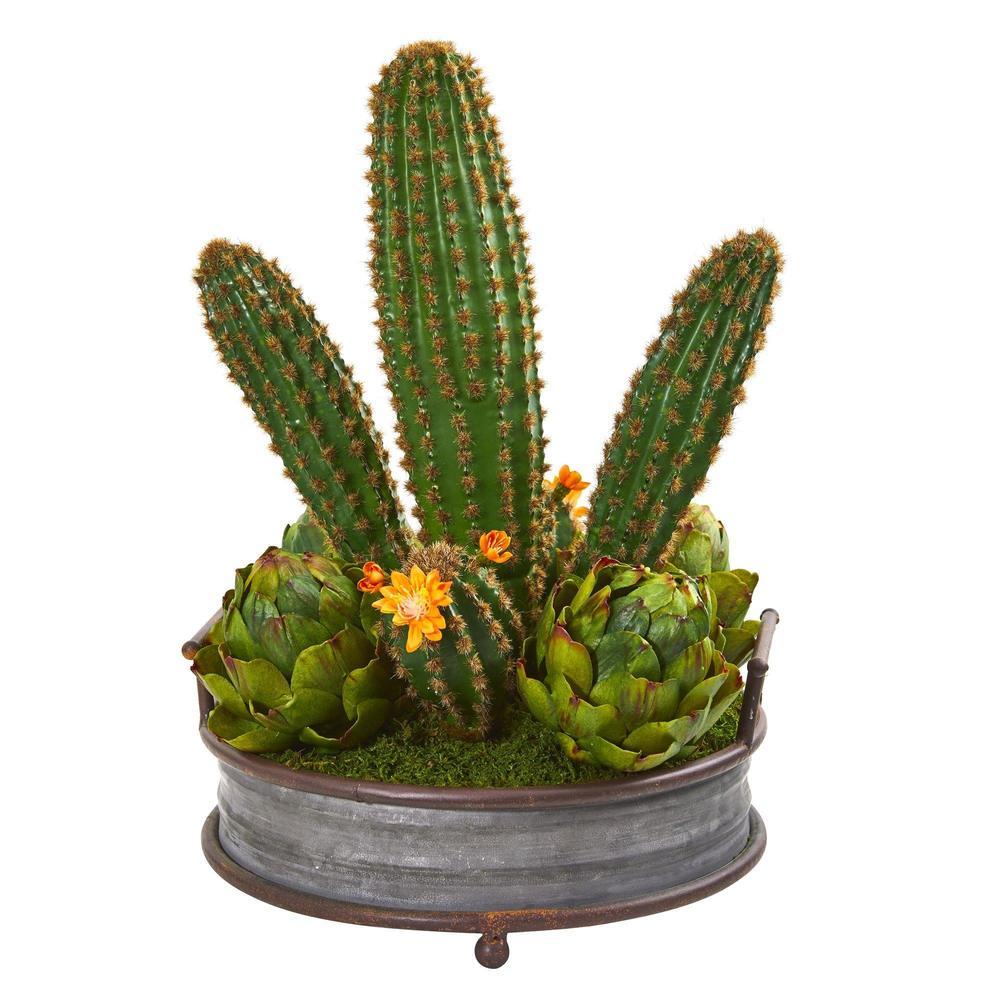 17" Cactus and Artichokes Garden Artificial Plant in Metal Planter