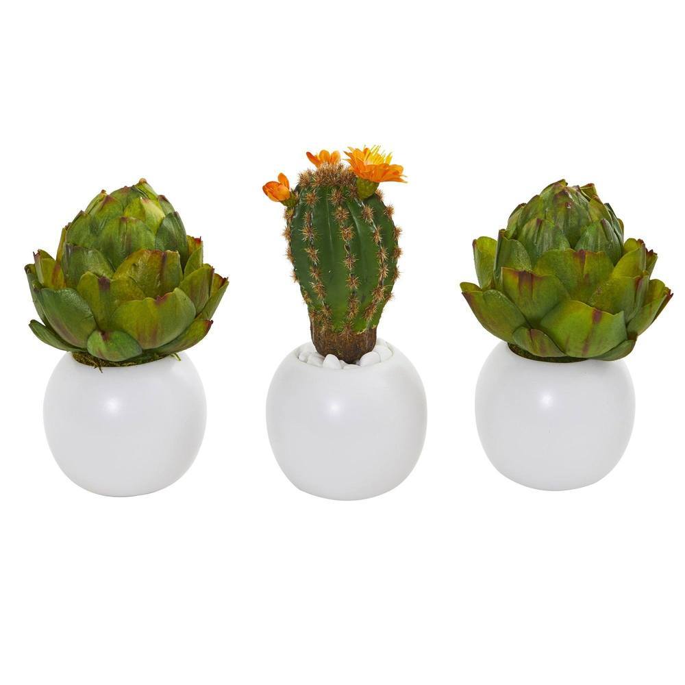 8" Artichoke and Cactus Artificial Plant in White Planter (Set of 3)