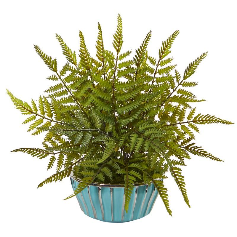 12" Fern Artificial Plant in Turquoise Bowl with Silver Trimming
